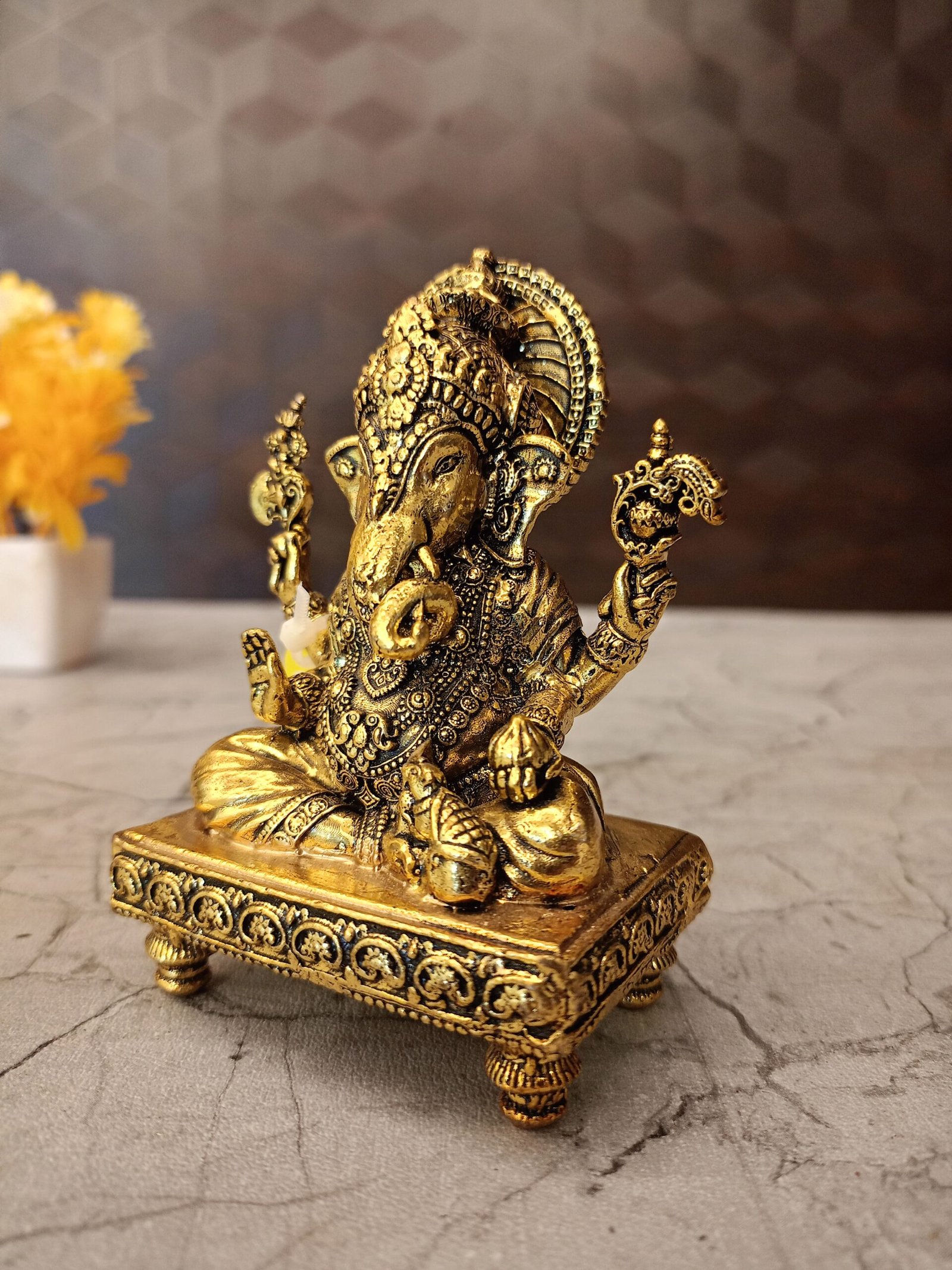 Buy Brass Fine Art Ganesha Sitting On Chowki Stand Antique Showroom Trichy 4" - Image 2