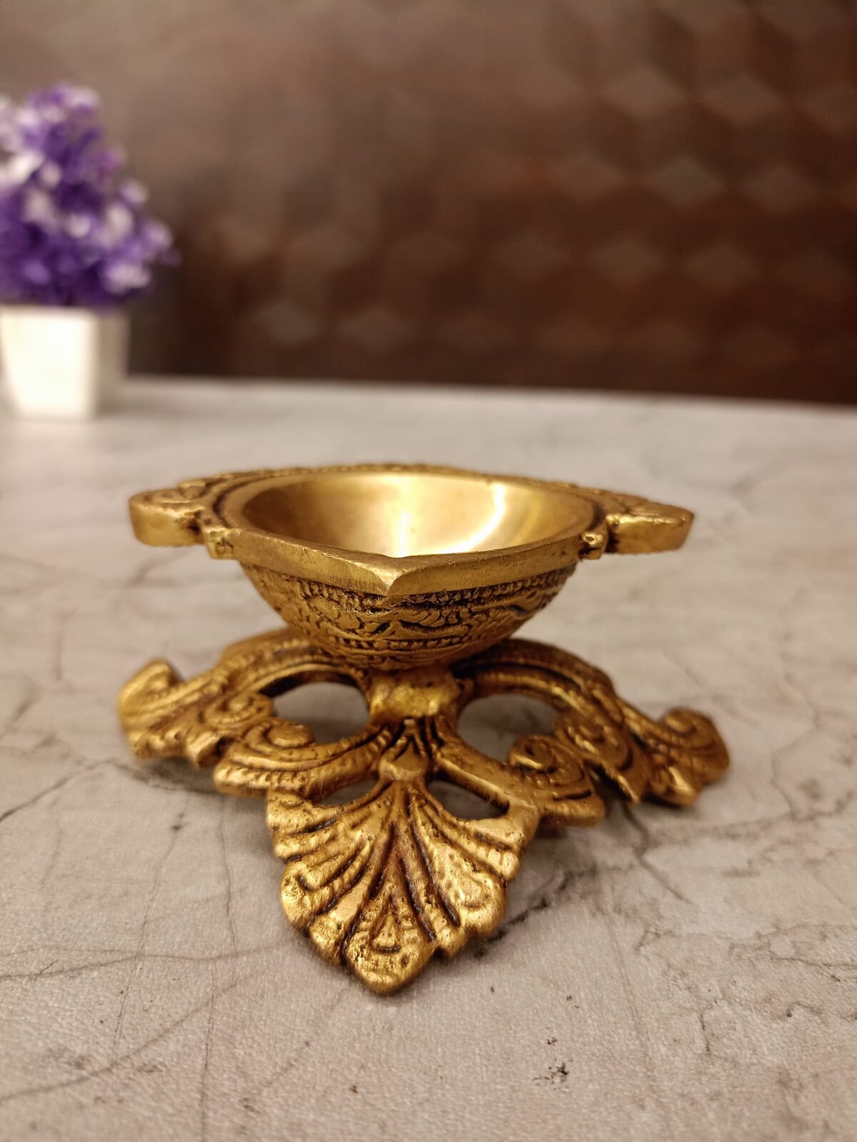Buy Brass Designer Base Single Face Diya For Pooja 2″ Antique Showroom Trichy - Image 2