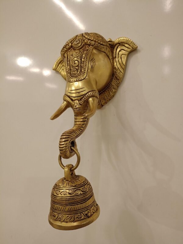 Buy Brass Elephant Face Hanging with Bell , Superfine, Golden Antique Finish & Handicraft Idol 10″ Showroom Trichy - Image 2