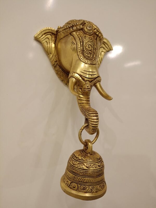Buy Brass Elephant Face Hanging with Bell , Superfine, Golden Antique Finish & Handicraft Idol 10″ Showroom Trichy - Image 3