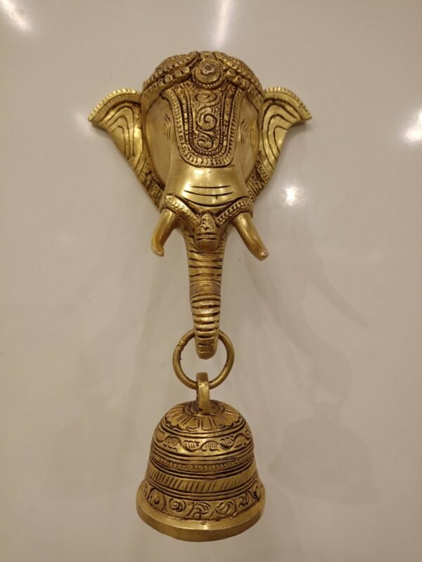 Buy Brass Elephant Face Hanging with Bell , Superfine, Golden Antique Finish & Handicraft Idol 10″ Showroom Trichy