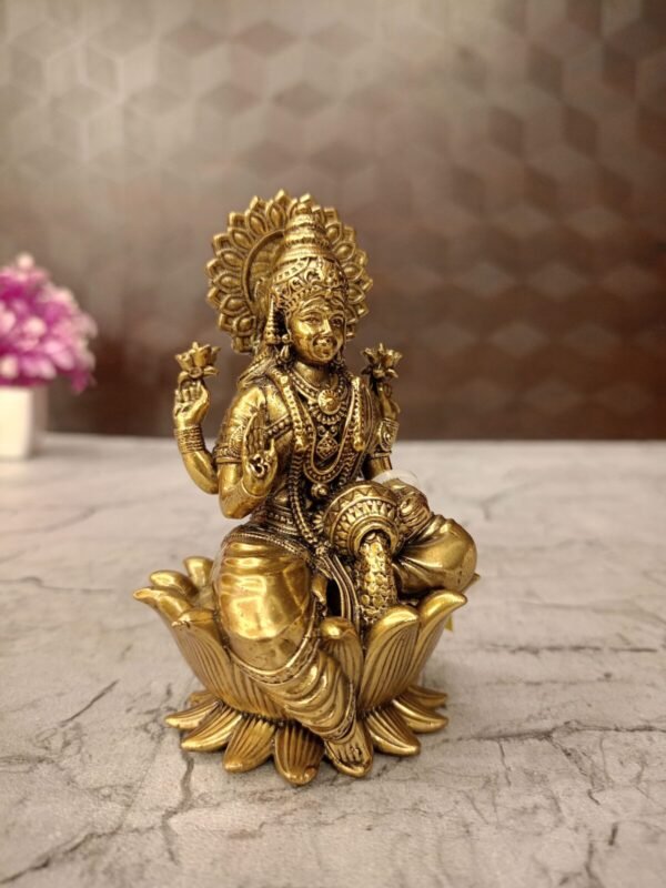 Buy Brass Fine Art Lakshmi Sitting On Lotus Base 4″ Antique Showroom Trichy - Image 3