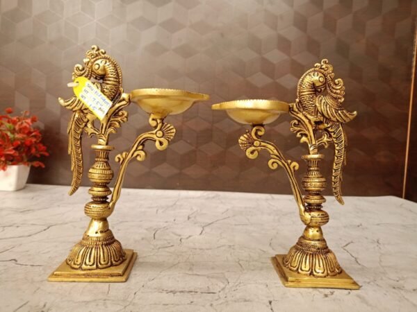 Buy Brass Fine Carved Single Face Parrot Diya-7.5″ (Pair) Antique Showroom Trichy - Image 2