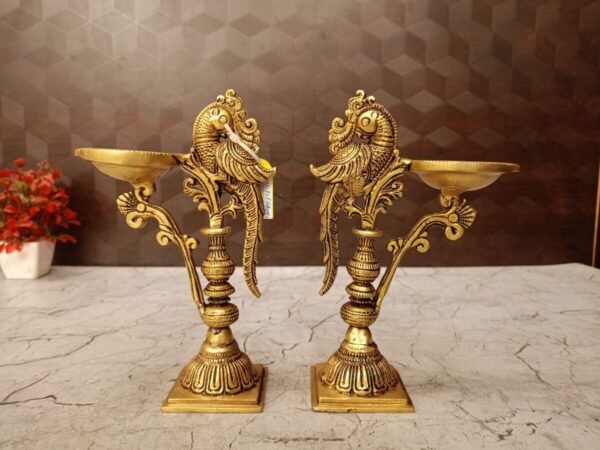 Buy Brass Fine Carved Single Face Parrot Diya-7.5″ (Pair) Antique Showroom Trichy - Image 3