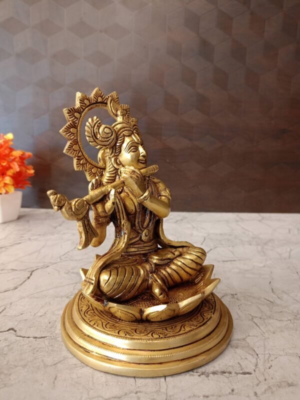 Buy Brass Krishna Sitting On Lotus Base 8″ Antique Showroom Trichy - Image 3
