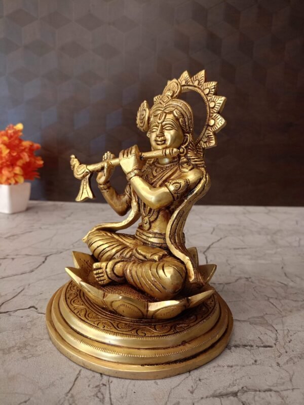 Buy Brass Krishna Sitting On Lotus Base 8″ Antique Showroom Trichy - Image 2