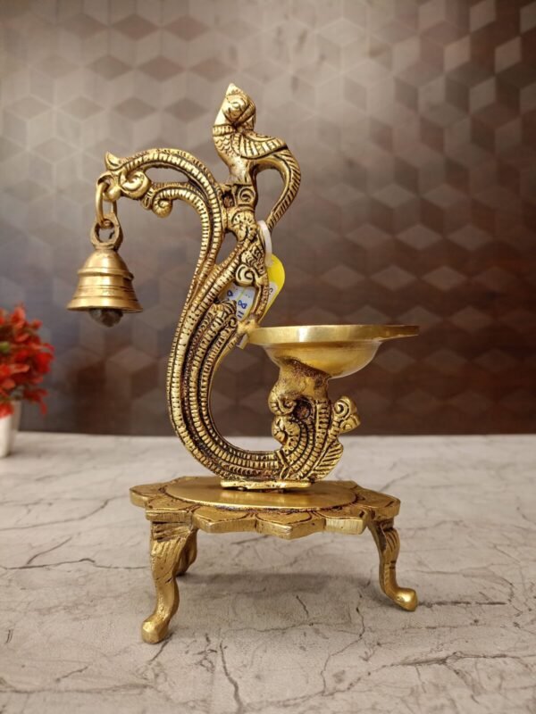 Buy Brass Stand Single Face Diya Bell With Parrot Antique Showroom Trichy 8" - Image 2