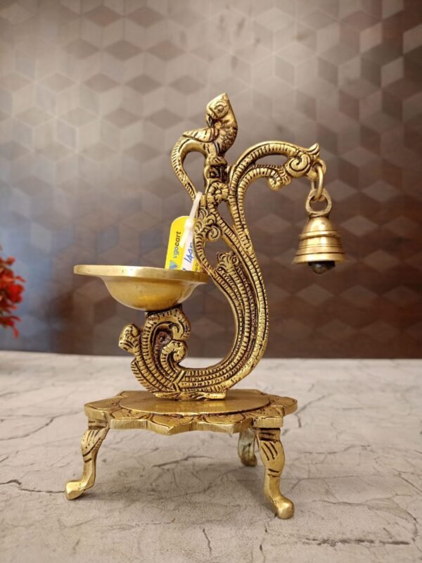 Buy Brass Stand Single Face Diya Bell With Parrot Antique Showroom Trichy 8" - Image 3