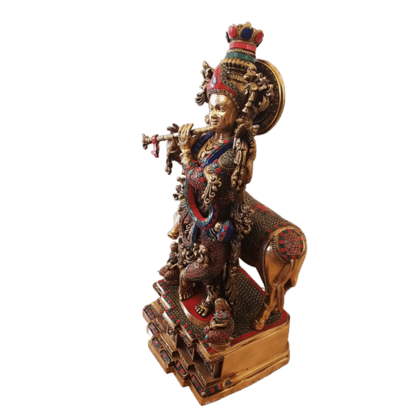 Buy Brass Cow With Krishna Stone Finish Big Statue- 29″ Antique Showroom Trichy - Image 3