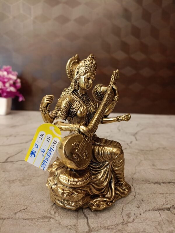 Buy Brass Fine Art Saraswathi Statue 5″ Antique Showroom Trichy - Image 3
