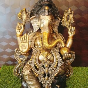 Buy Brass Ganesha sitting on Lotus three Tone Finish Antique Showroom Trichy