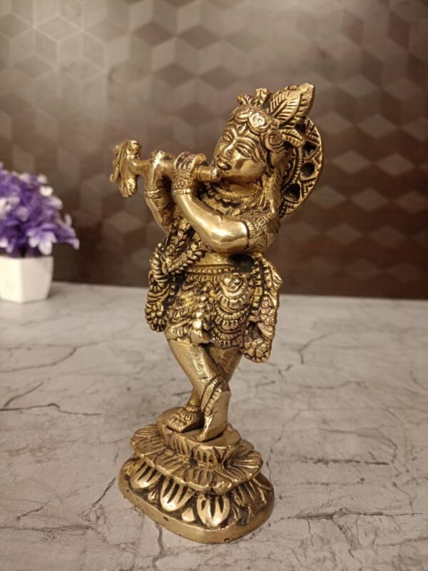 Buy Brass Krishna Standing on Lotus Base Antique Idol- 9″ Showroom Trichy - Image 2