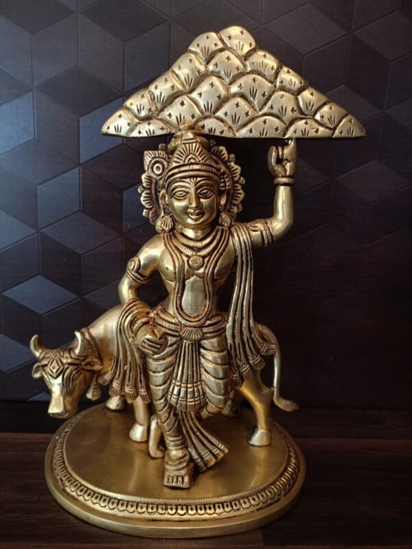 Buy Brass Krishna statue with Goverdhan mountain/ brass krishna idol holding mountain 11.5″ Antique Showroom Trichy