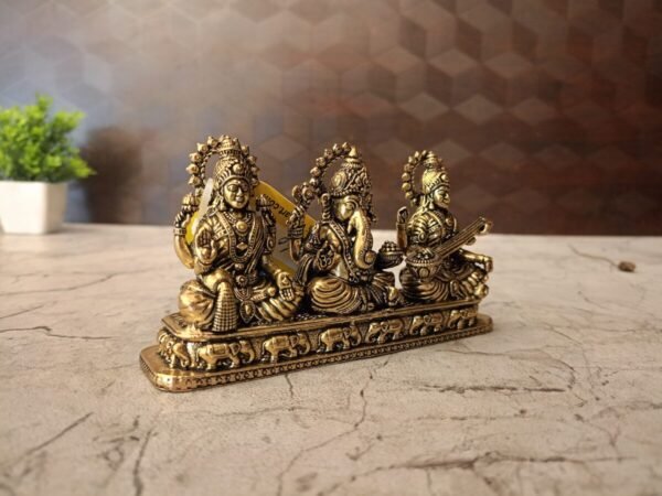 Buy Brass Lakshmi Saraswathi Ganesha Sitting On Rectangle Base 3″ Antique Showroom Trichy - Image 2