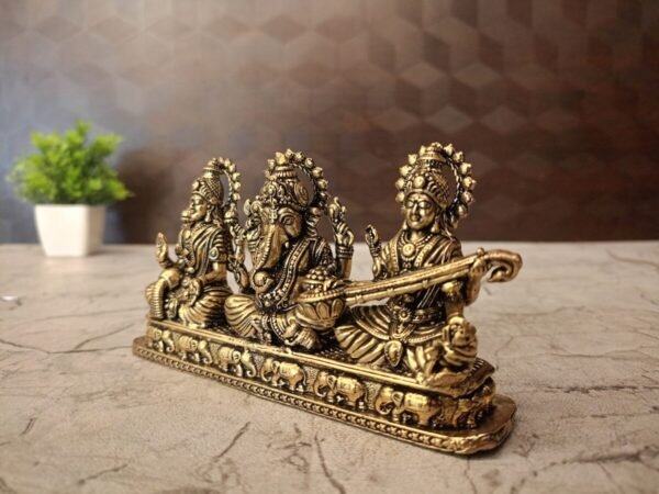 Buy Brass Lakshmi Saraswathi Ganesha Sitting On Rectangle Base 3″ Antique Showroom Trichy - Image 3