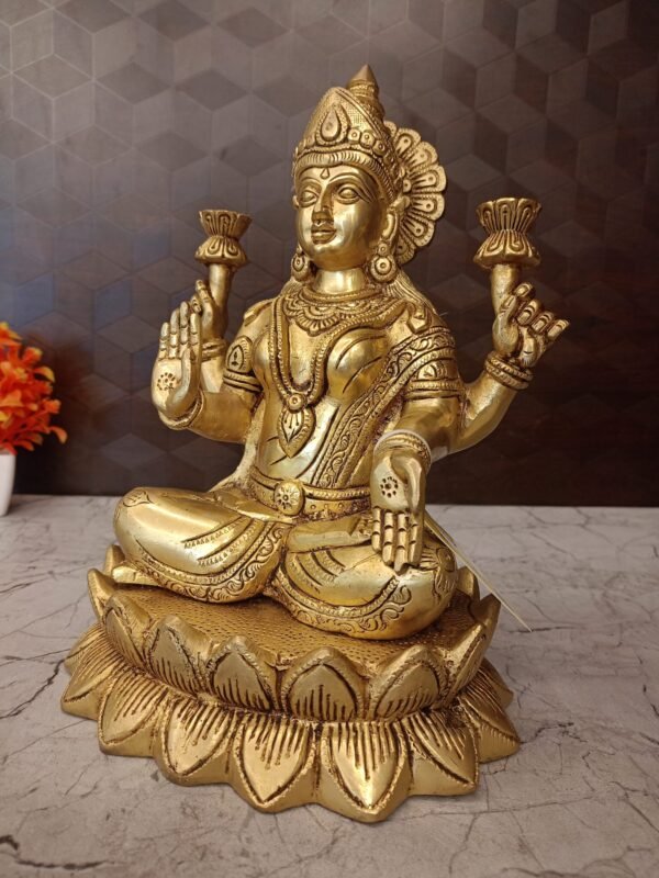 Buy Brass Lakshmi Sitting On Lotus Base 11″ Antique Showroom Trichy - Image 2