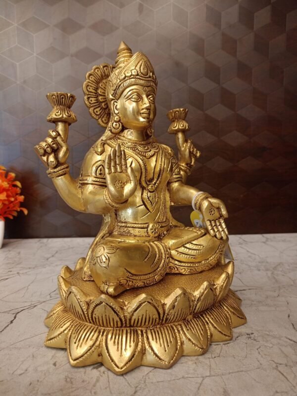 Buy Brass Lakshmi Sitting On Lotus Base 11″ Antique Showroom Trichy - Image 3