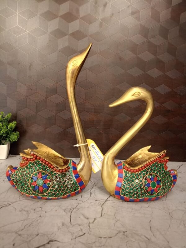 Buy Brass Stone Swan Pair Statue 12.5″ Antique Showroom Trichy - Image 2