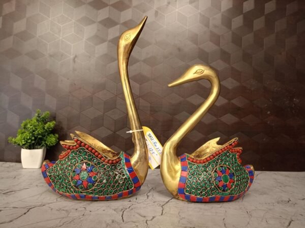 Buy Brass Stone Swan Pair Statue 12.5″ Antique Showroom Trichy - Image 3