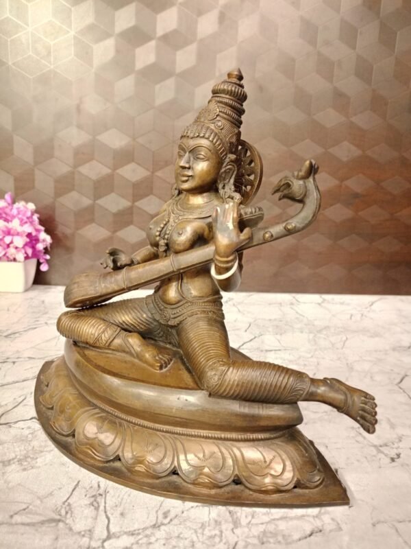 Panchaloha Saraswati Idol For Pooja 10.2″ Antique Showroom Trichy - Image 3