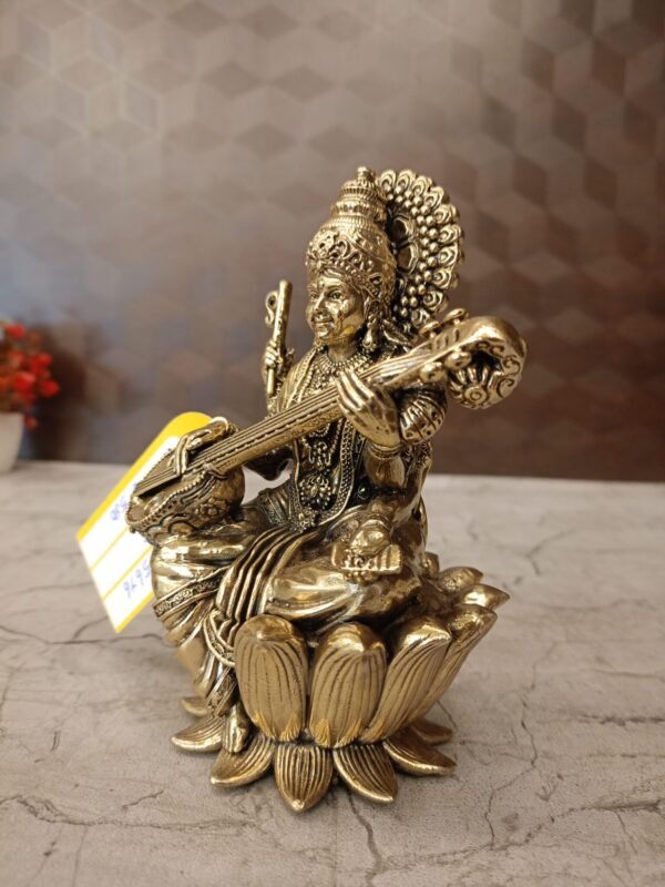 Buy Brass Fine Art Saraswathi statue Sitting On Lotus 6″ Antique Showroom Trichy - Image 3