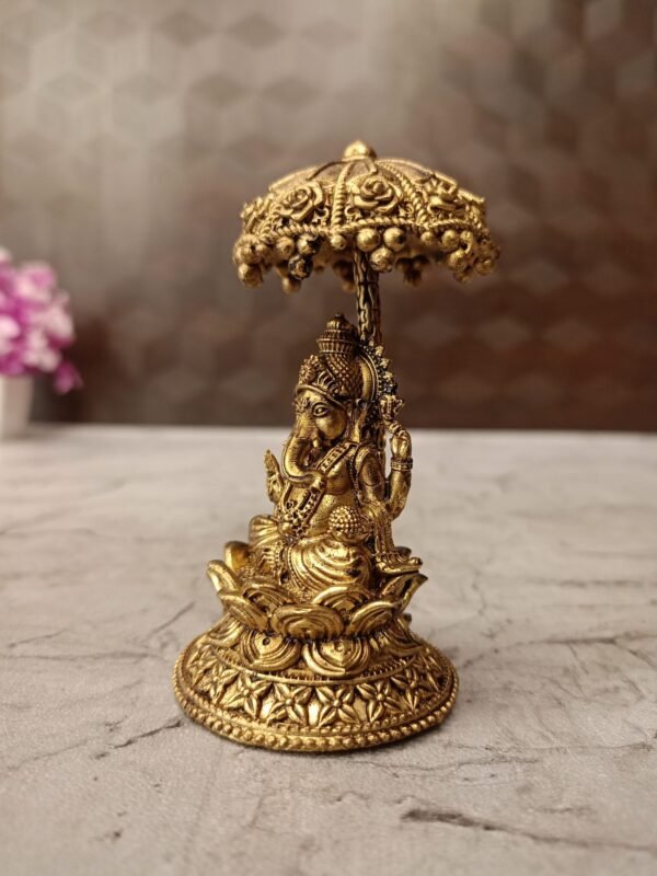 Buy Brass Fine art Ganesh with an Umbrella 4″ Antique Showroom Trichy - Image 2