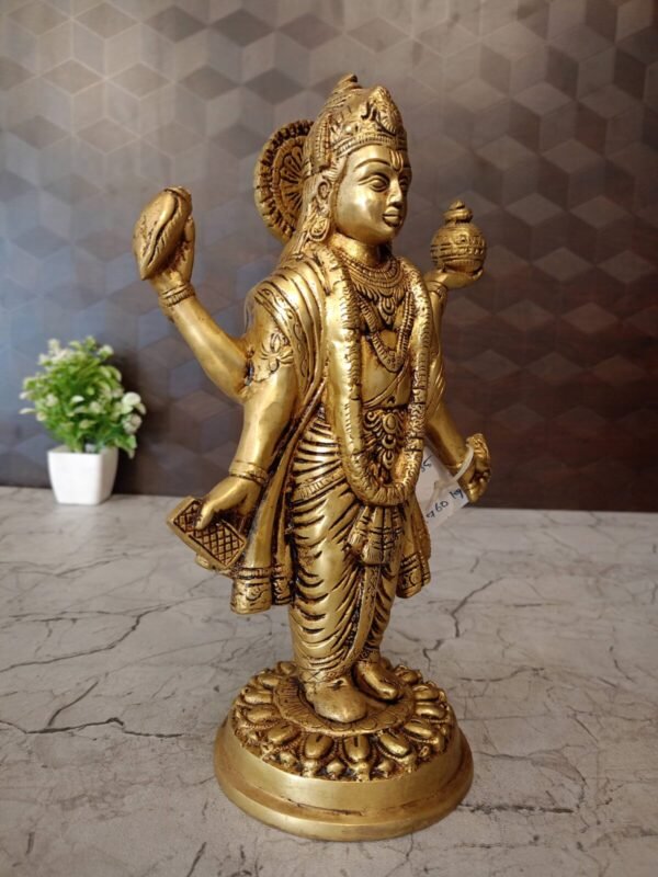 Buy Brass Lord Dhanvantri On Lotus Circle Base Statue | Dhanvantri Pure Brass Idol Antique Showroom Trichy - Image 3