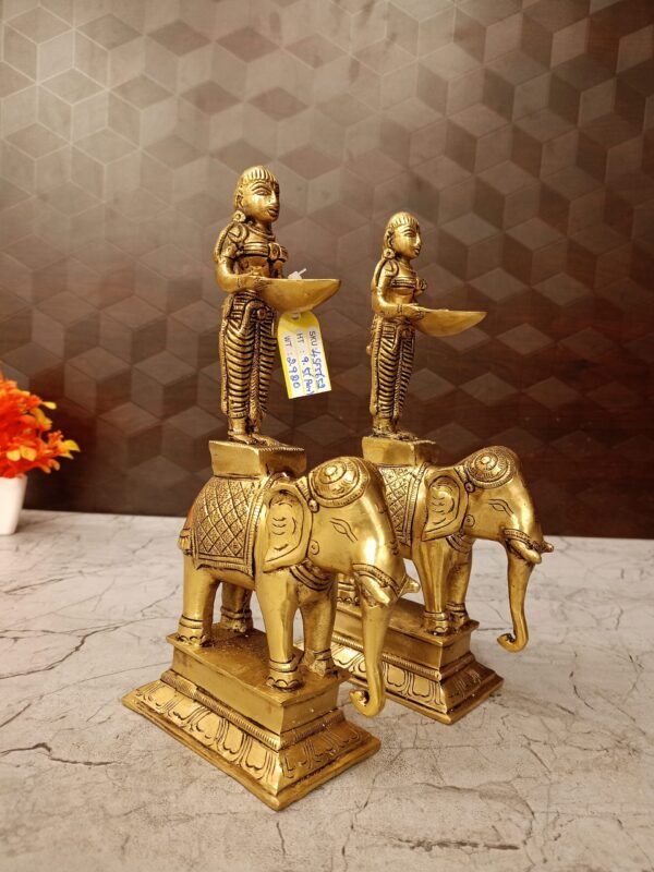 Buy Brass Paavai Diya Standing On Elephant Idol Pair 9.5″ Antique Showroom Trichy - Image 2