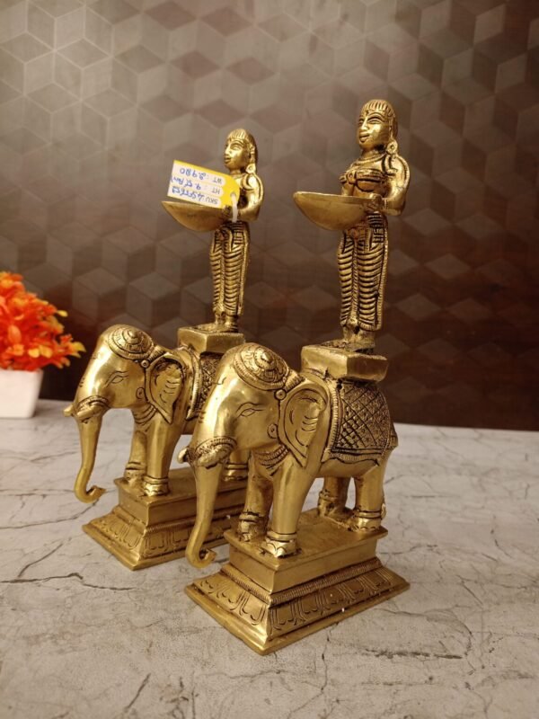 Buy Brass Paavai Diya Standing On Elephant Idol Pair 9.5″ Antique Showroom Trichy - Image 3