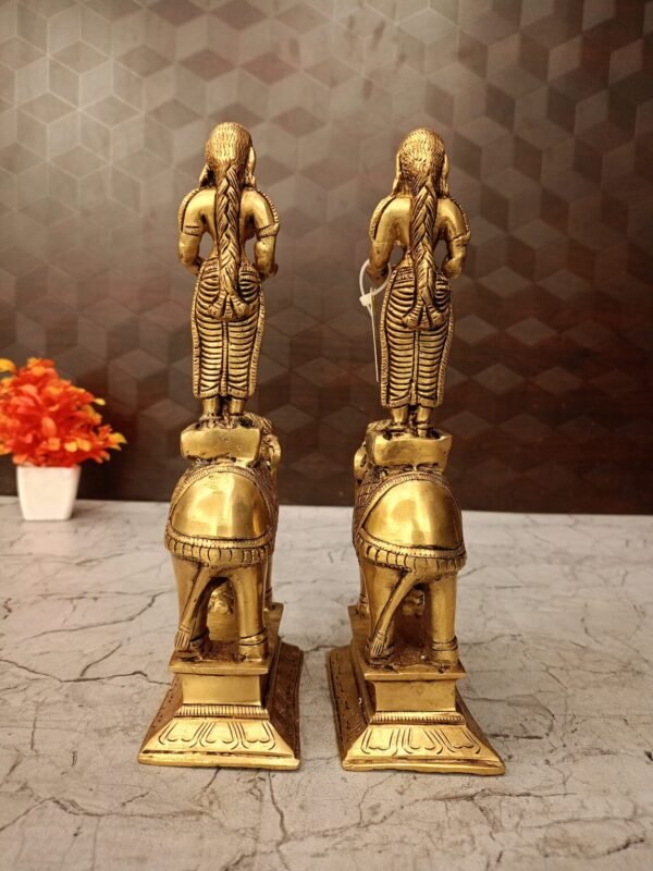 Buy Brass Paavai Diya Standing On Elephant Idol Pair 9.5″ Antique Showroom Trichy - Image 4