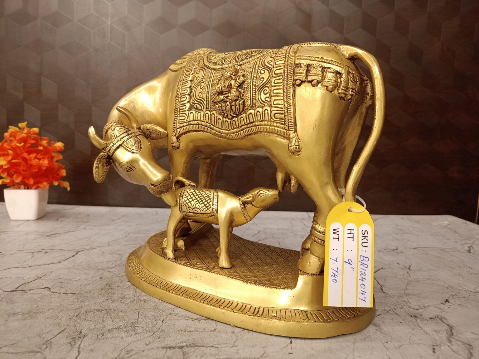 Buy Brass Big Cow And Calf With Flower Designs 9″ Antique Showroom Trichy - Image 2