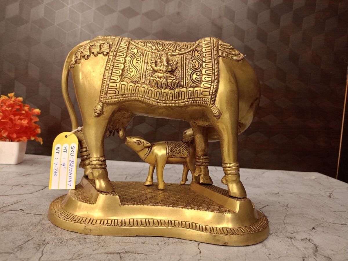Buy Brass Big Cow And Calf With Flower Designs 9″ Antique Showroom Trichy - Image 4