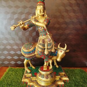 Buy Brass Krishna with Cow stone finish 24″ Antique Showroom Trichy